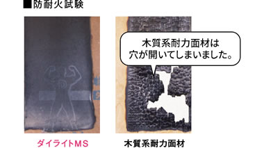 防耐火実験：ダイライトMSは優れた防火性能を備えています。